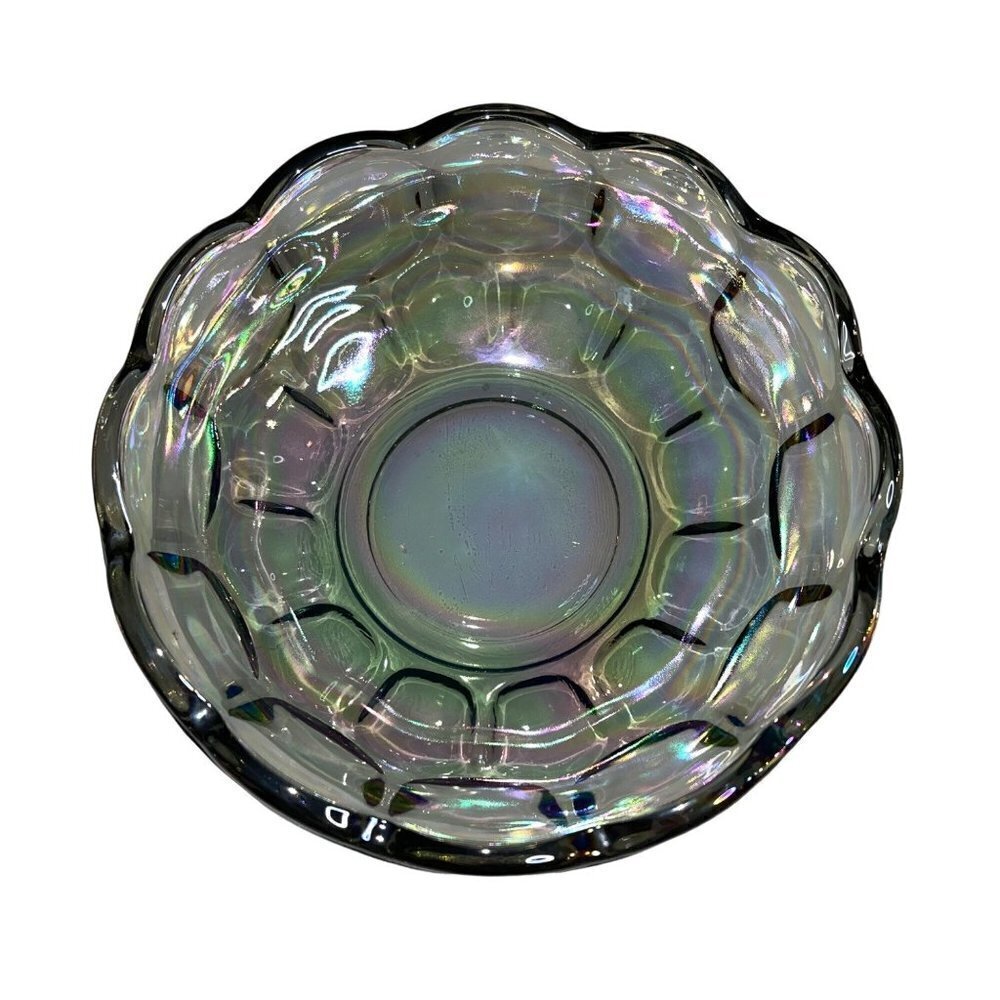 Vintage Carnival Glass Thumb Print Bowl Iridescent Gray Round Decorative
